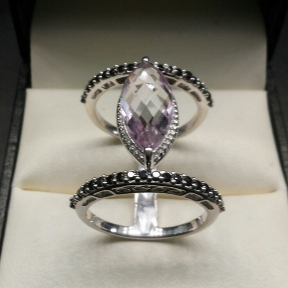 Estate 925 Jewelry - 5.50 Genuine Amethyst & Black Spinel, Platinum/925